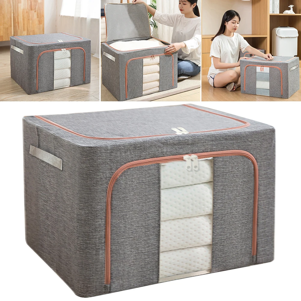 Stackable Storage Bag with Metal Frame Foldable Clothes Storage Box Linen Wardrobe Organizer Dustproof Storage Box for Home Room