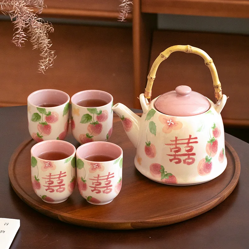 ZML ceramic tea set gift box set 1 pot 4 cups for newlyweds, wedding engagement tea cups