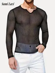 Nightclub Fashion Mesh Bottoming T-shirts Mens Spring Long Sleeve V Neck Sexy Tops For Men Trendy Hollow Out Transparent T Shirt