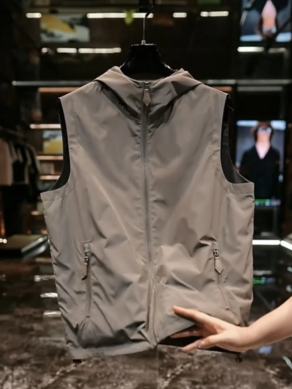 Men's Lightweight Double-Sided Wearable Hooded Vest Jacket Breathable Versatile Outdoor Layering Sleeveless Top Spring Summer