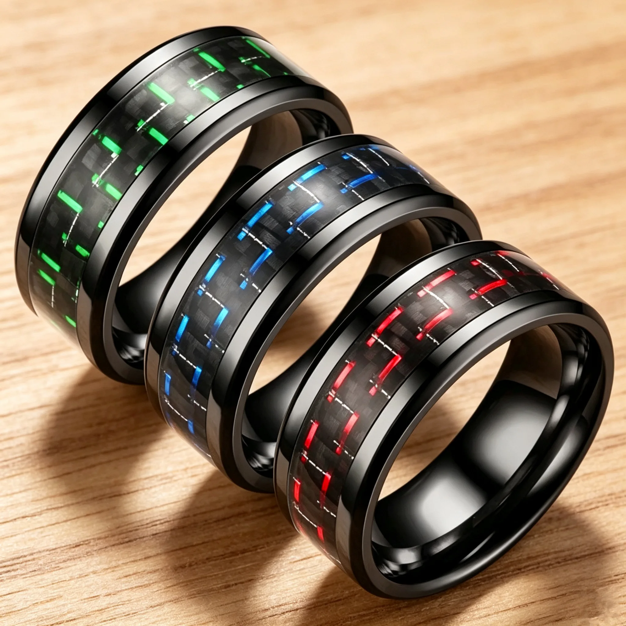 Wholesale Fashion 8mm Men's Black Stainless Steel Ring Inlaid Blue Carbon Fiber Rings 6 Colors Men's Wedding Band Jewelry Gift