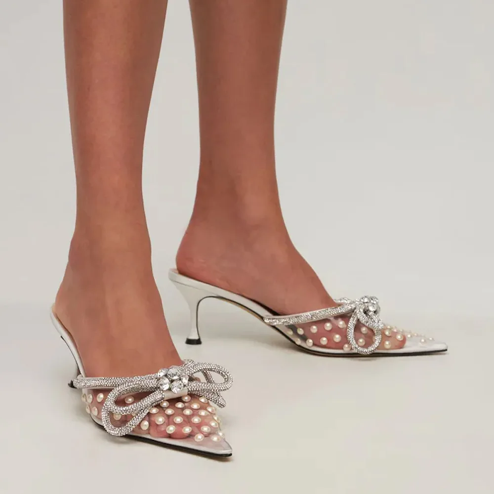 

Women's Pointed Transparent Bow Rhinestone Stiletto High Heel Sandals Fashion Party Evening Dress Catwalk Shoes Tacones De Mujer