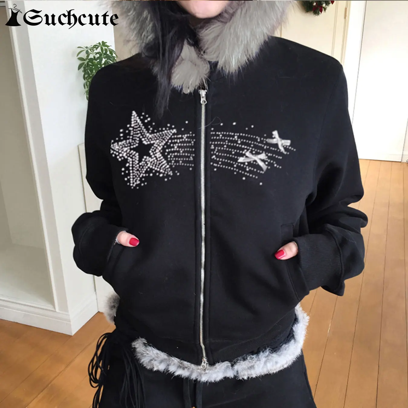 SUCHCUTE Gothic Vintage Rhinestones Graphic Hoodie Solid Fur Patchwork Hooded Jackets Women's Double Zipper Coats Autumn Winter