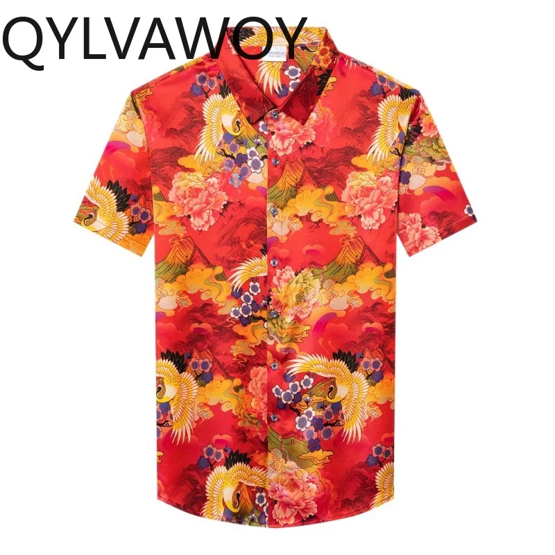 QYLVAWOY High-end Men's Shirts Printed Summer Shirts for Man 92.5% Mulberry Silk Man Shirts Lapel Short Sleeve Top Stylish 셔츠
