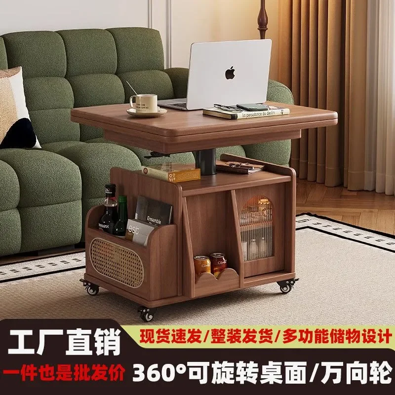Solid Wood Lifting Coffee Table Mobile Cart Folding Dining Tea Table Dual Purpose Multifunctional Living Room Sofa Side Table