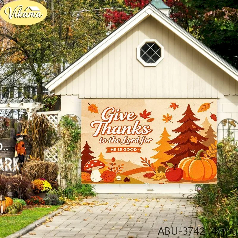 VIKAMA Thanksgiving Tapestry Wall Hanging Give Thanks Lord Cartoon Forest Mushroom Pumpkin Kids Room Decor