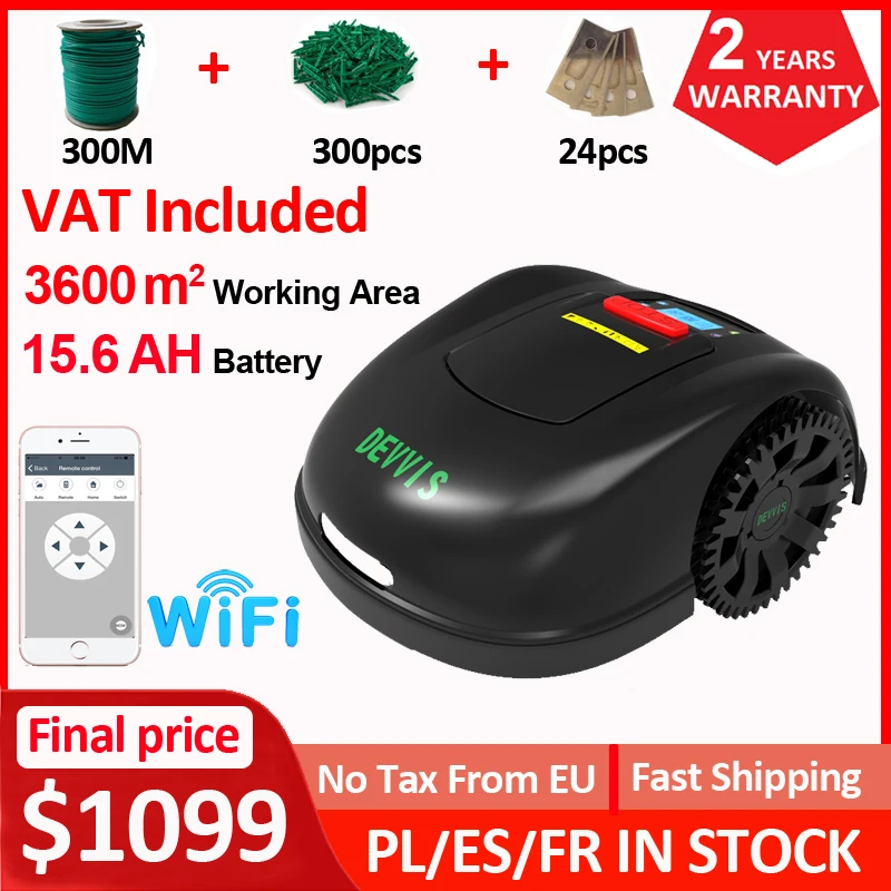 US$1099 For Big Lawn DEVVIS E1600T Robotic Grasss Trimmer Lawn Mower Robot up to 3600m² with 15.6ah Lithium with 300m Wire