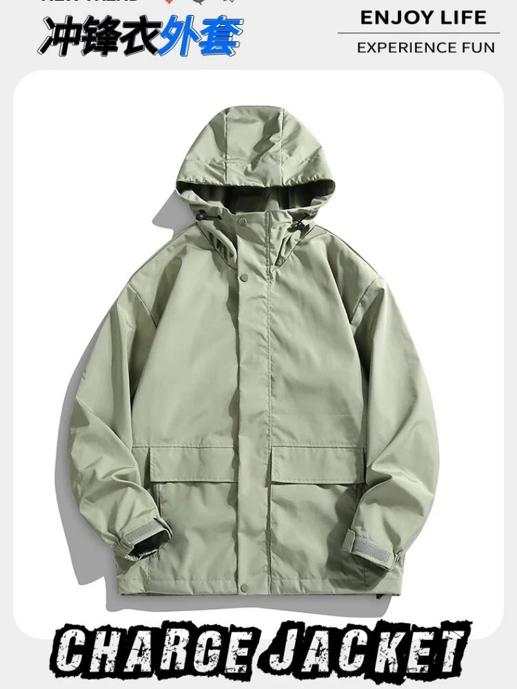 Spring and Autumn new fashion solid color multi-pocket workwear hooded jacket men's casual loose sports high-quality outerwear