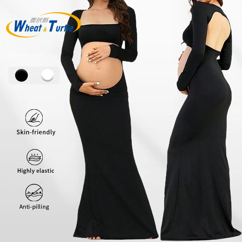 Maternity Photography Dresses Long Sleeve Pregnant Women Dress Exposed Back Mopping Full-Length A-Line Party Photo Clothes