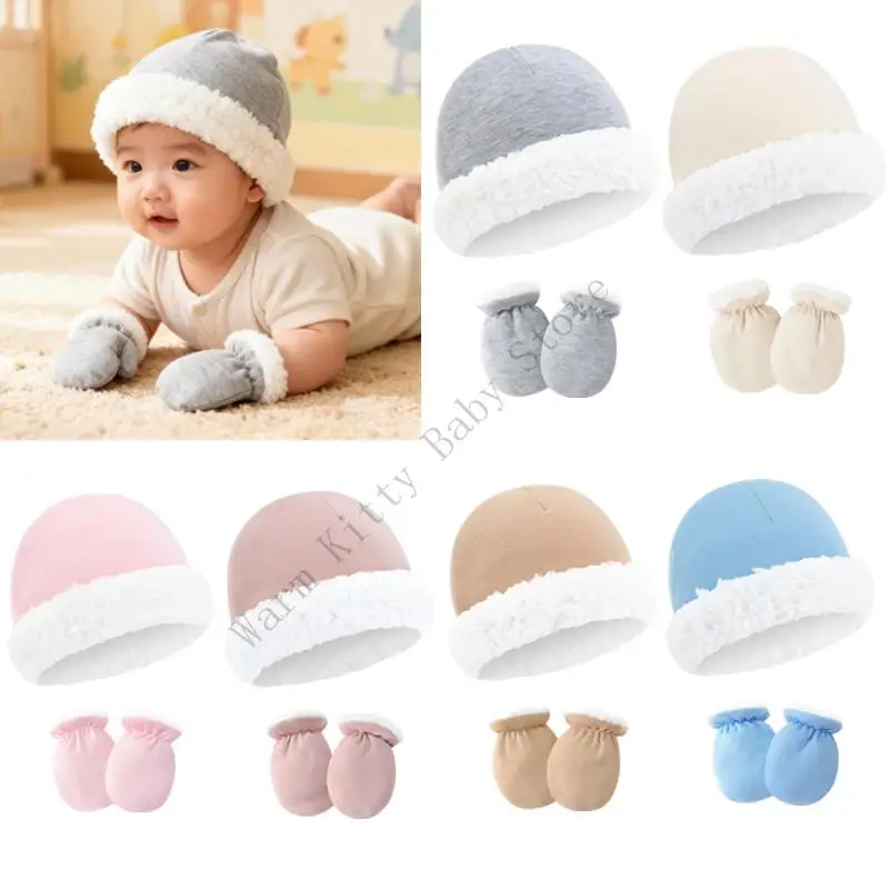 

1 Set Autumn Winther Fleece Lining Warm Baby Hat and Anti-scratch Gloves Solid Color Newborn Hospital Cap Mittens 0-6M