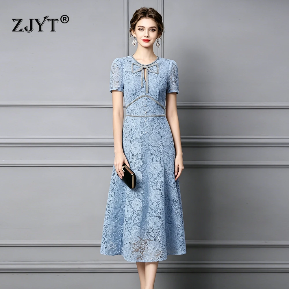 

ZJYT Summer Elegant Beading Lace Dresses for Women 2026 New Short Sleeve Hollow Out Midi Luxury Party Holiday Dress Casual Blue