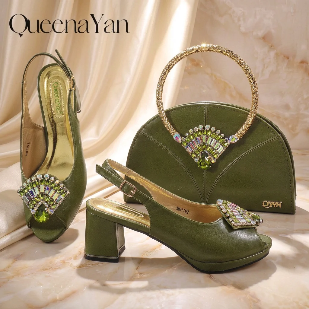 2026 New Olive Ladies Shoes and Bag Set Crystal Rhinestone Embellished Peep Toe Block Heel Platform Slingback Heels for Occasion