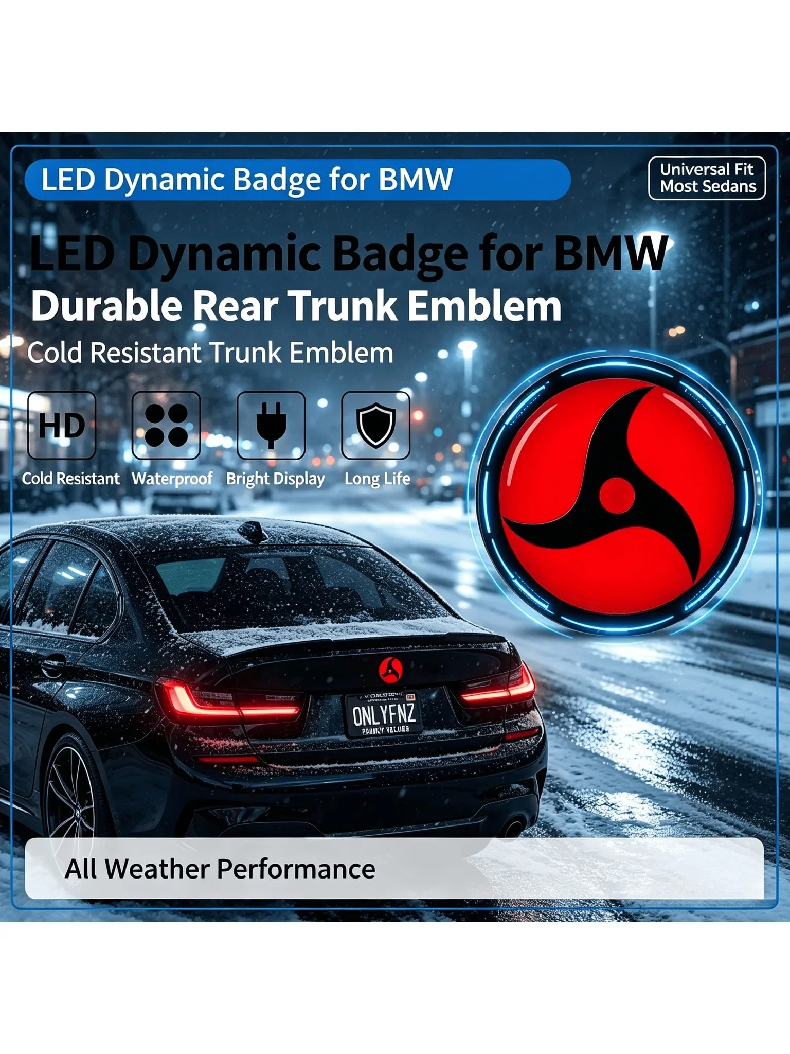 74 mm, dynamiczna, diodowa emblematowa tabliczka do samochodu BMW serii 7 (modele E65, F01, G11, G12), o jasności 1500 nitów, wysokiej rozdzielczości, do montażu na tylnej części bagażnika. — 2