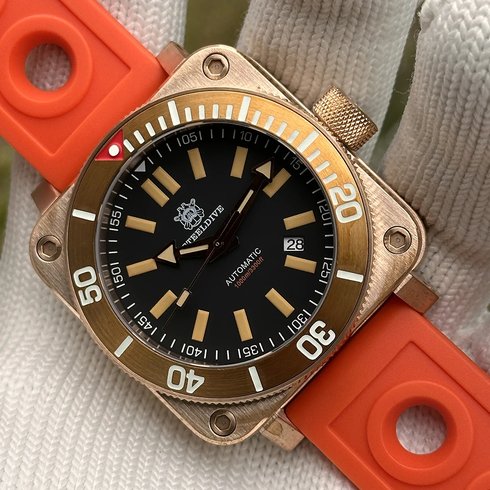 STEELDIVE 남성 다이버 시계 45mm 청동 사각 자동 기계식 손목시계 100Bar 방수 발광 사파이어 미러 NH35