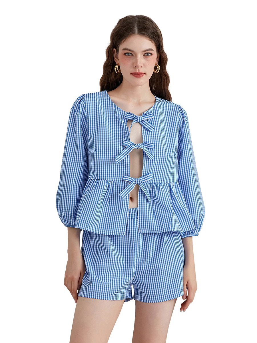 

Mxiqqpltky Women Y2k Plaid Pajama Set Puff Long Sleeve Tie Front Ruffle Babydoll Shirts Shorts 2pc Gingham Pj Set Sleepwear