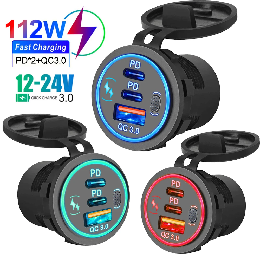 Cargador de Coche con Doble Puerto USB C PD3.0 y QC3.0, Impermeable, con Interruptor Táctil LED, Carga Rápida de 78W, 12V/24V, Adaptador para Moto