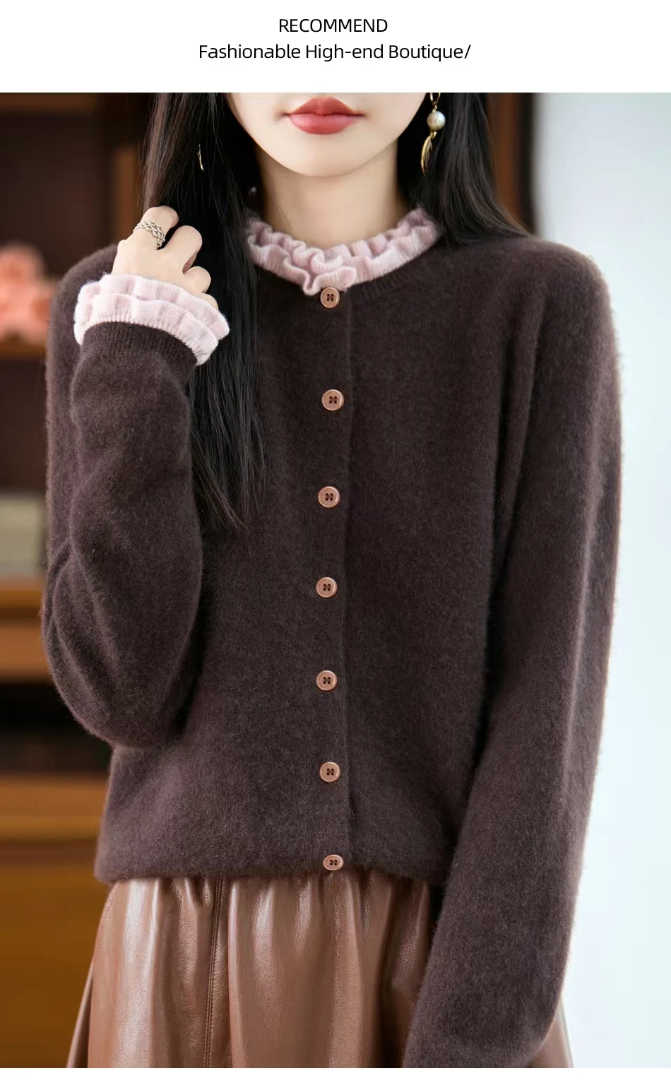 Cashmere cardigan wood ear buckle color matching knit bottoming sweater coat