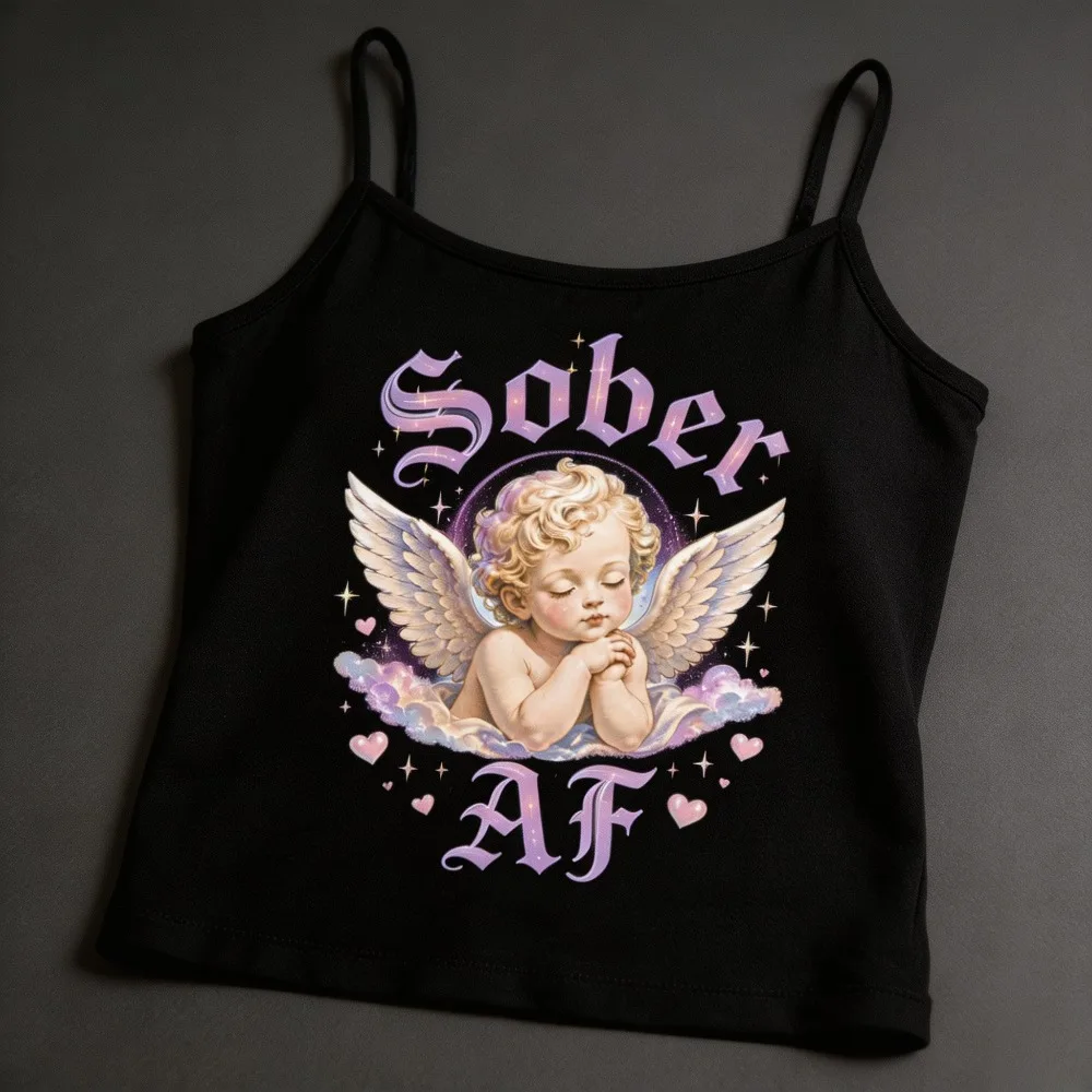 Womens Cami Top Winged Figurine Silhouette Gothic Typography Letters Printed Thin Shoulder Straps Solid Black Backdrop for Daily
