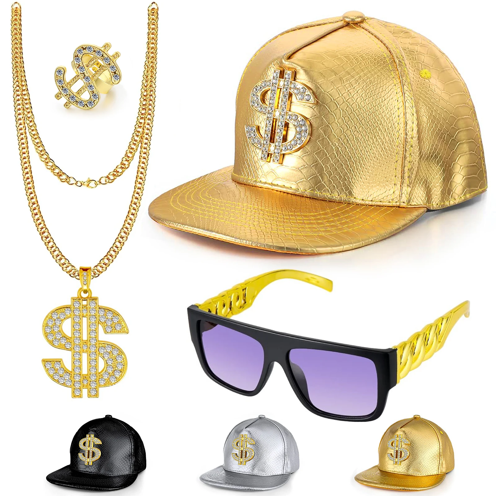 Hip Hop Costume Kit Gold Rapper Hat Sunglasses Gold Dollar Sign Pendant Necklaces 80s 90s Rapper Accessories