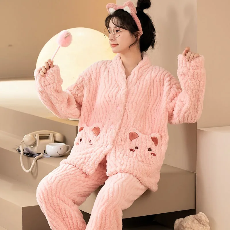 Famale Winter Household Apparel Flannel Pajamas Women Thickened Loungewear Suit Lady Warm Home Clothing Two-piece Sets Pijamas