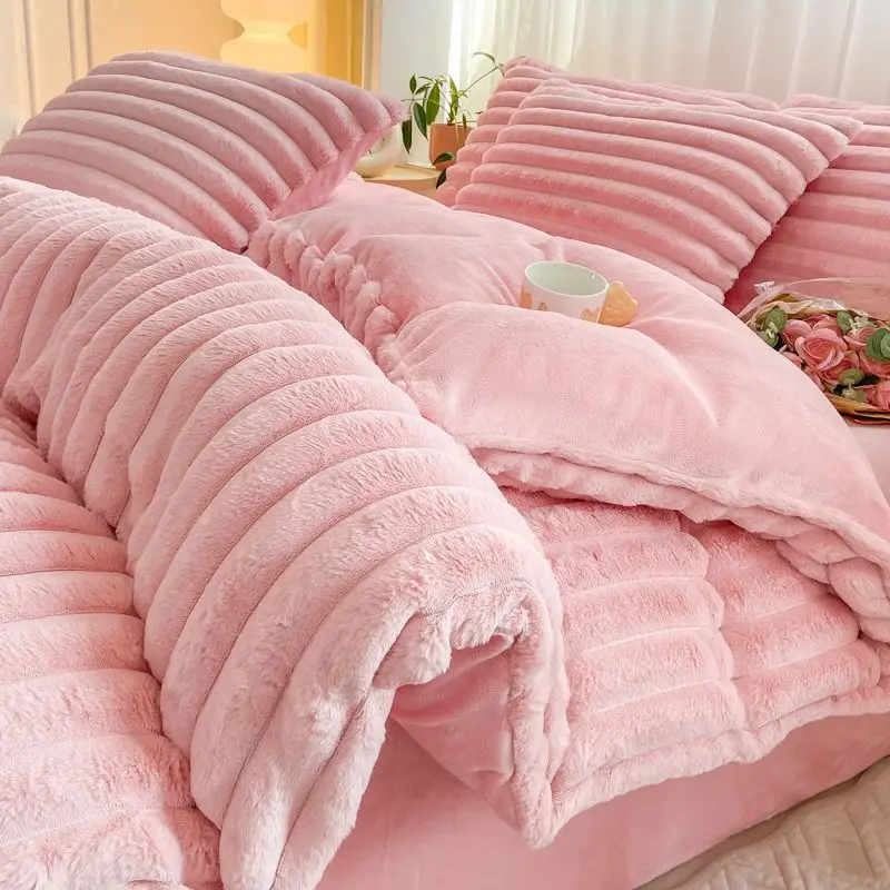 Winter Thick Warm Double-sided Plush Luxury Duvet Cover Bed Linens Set Quilt Cover Bed Sheet Pillowcase 4pcs King Bedding Set