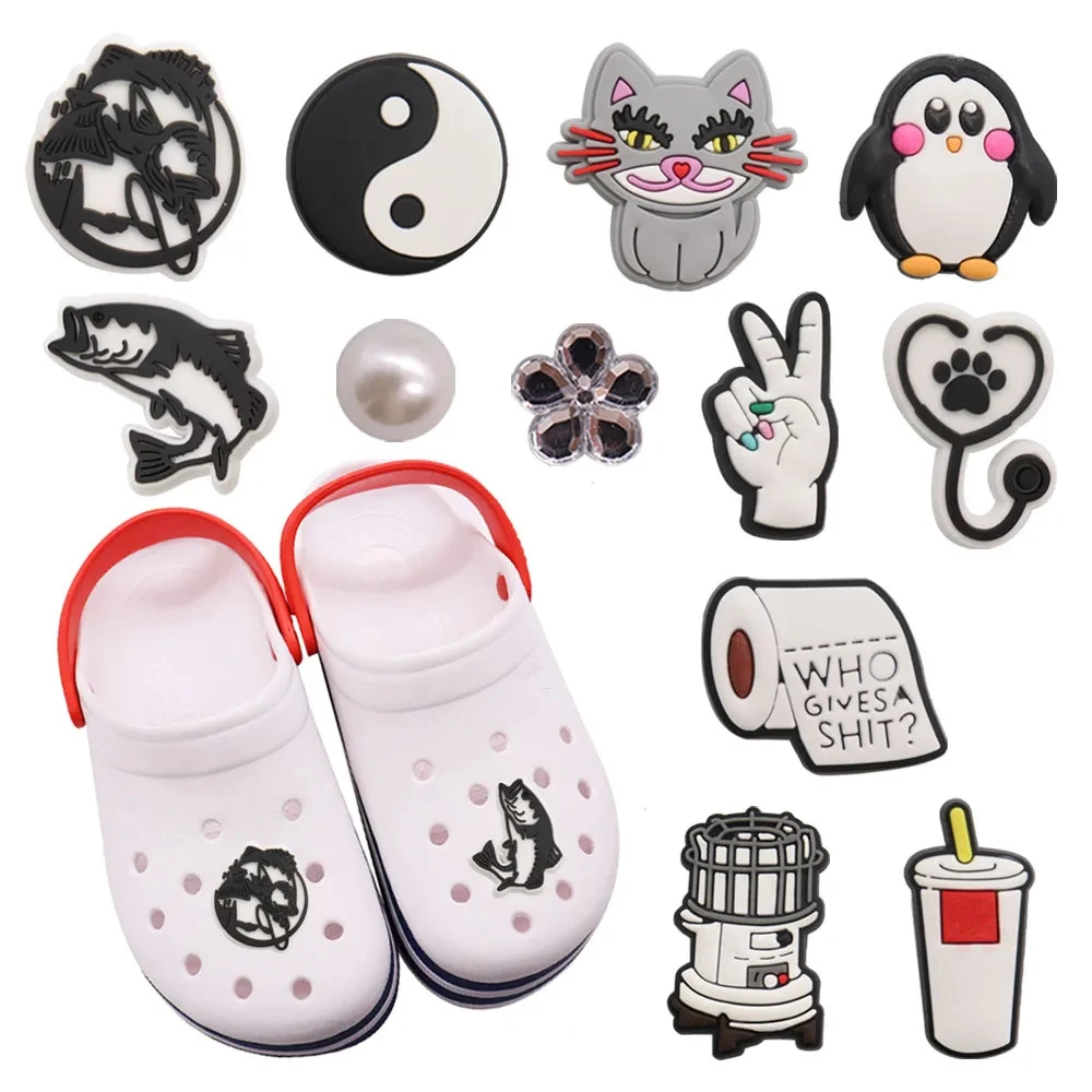 New Arrival 1Pcs PVC Penguin Fish Stethoscope Adult Shoe Charms for Phone Case Black White Skull Decorations DIY Birthday Gifts