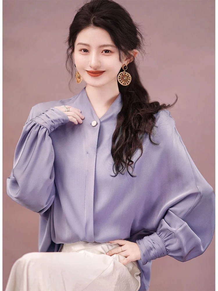 

Zhaodaxi Silk irt Women's Loose Fit Chinese Sle Stand Collar Long Sve Lace Top Commute Sle Simple Design