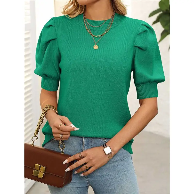 NEW-Women's Puff Short Sleeve Sweater Tops 2025 Spring Summer Trendy Crew Neck Casual T Shirts Blouses