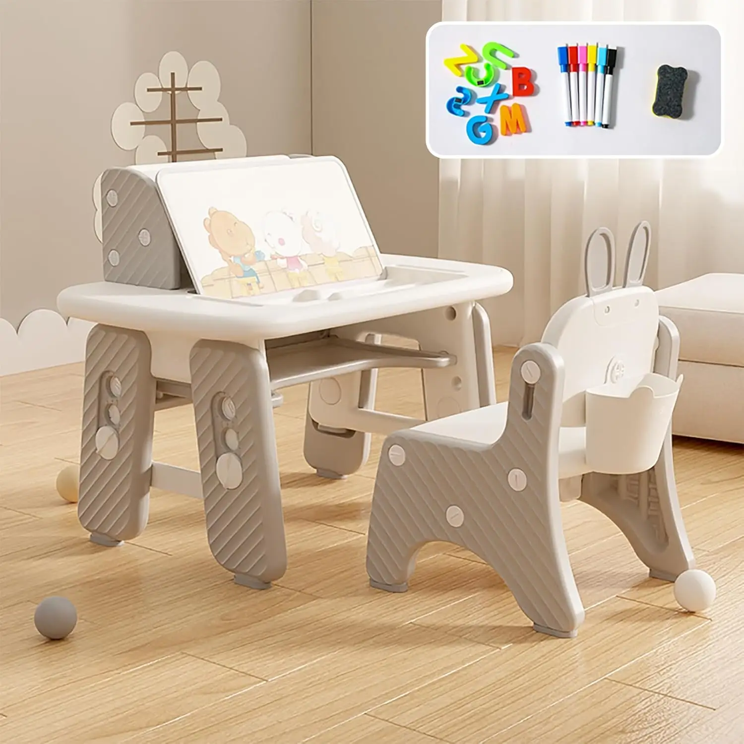 4-Level Height Adjustable Table for Ages 2-11, A Easy to Clean Children's Table for Playing, Drawing, Reading or Eating