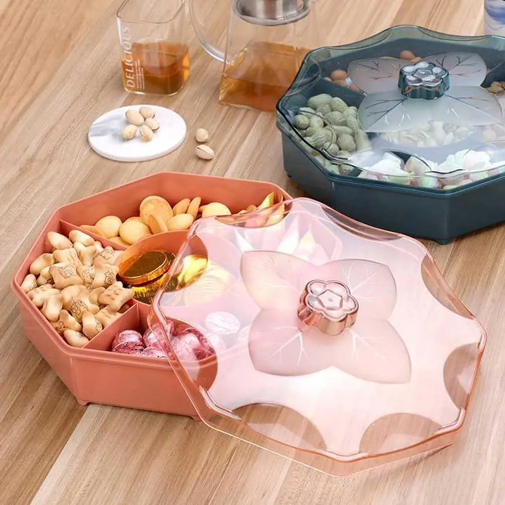 

Compartments Snack Tray Storage Box Fruit Plate Nuts Container Candy Dish Pp Material Translucent Cover Petal Shape