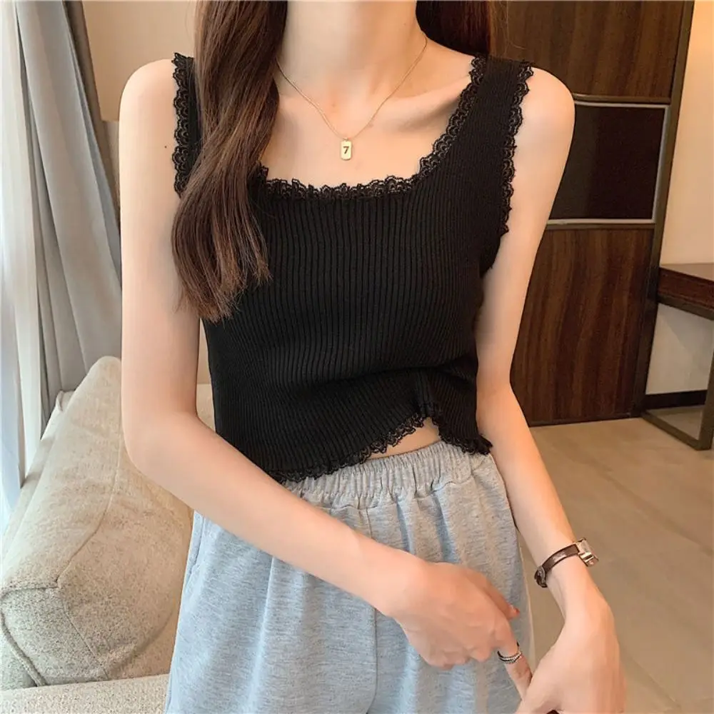 

Fashion Knitted Lace Crop Top Vest Slim-fitting Summer Short Top Solid Color Sleeveless Camisole For Women