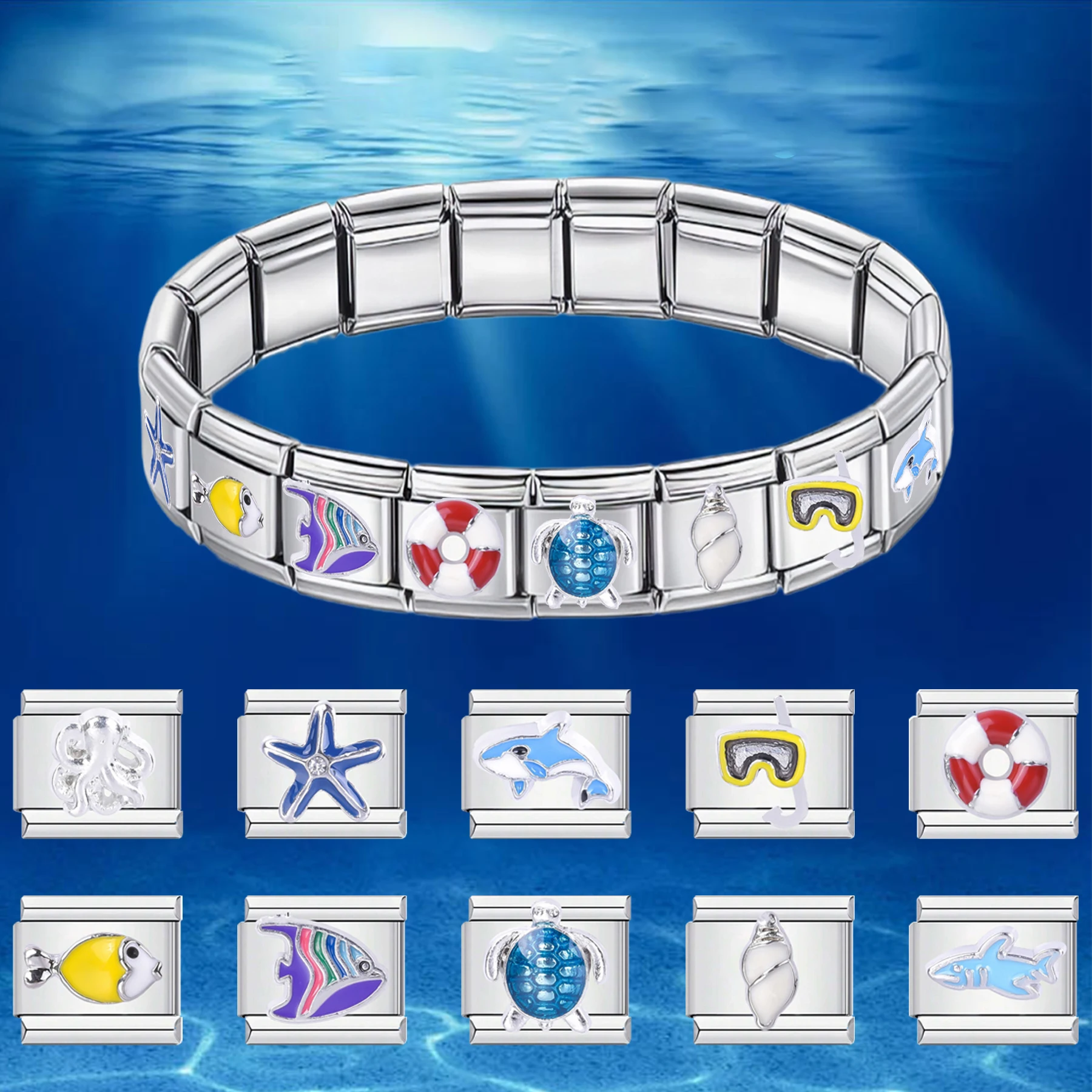 Ocean element module turtle dolphin starfish and other patterns-9mm stainless steel Italian style module DIY spliceable bracelet