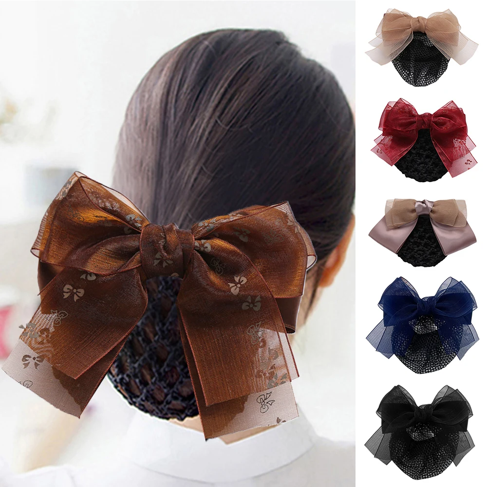 New Gauze Bow Hairnet Hairpin Mesh Bowknot Bun Hairclip Hair Net Professional Flight Attendant Barrette Waiter Hair Accessories