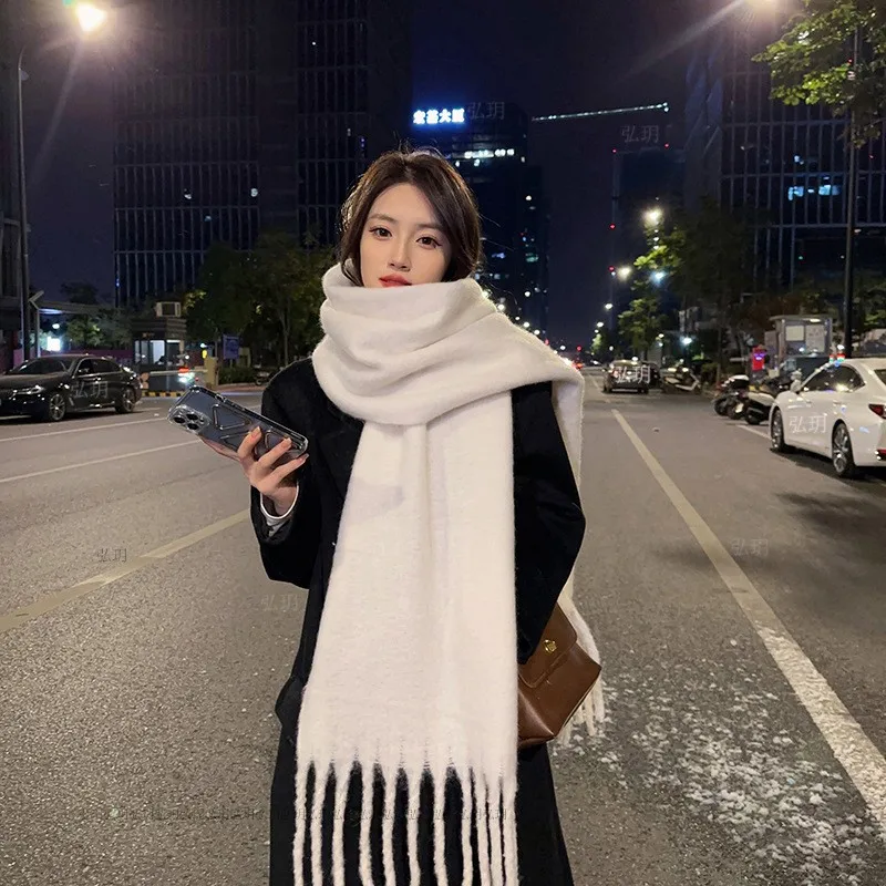 Winter Scarf Women Luxury Autumn Winter Cashmere Scarf Thickened Warm Shawl Classic Tassels Fluffy Scarf Solid Color Soft Shawl