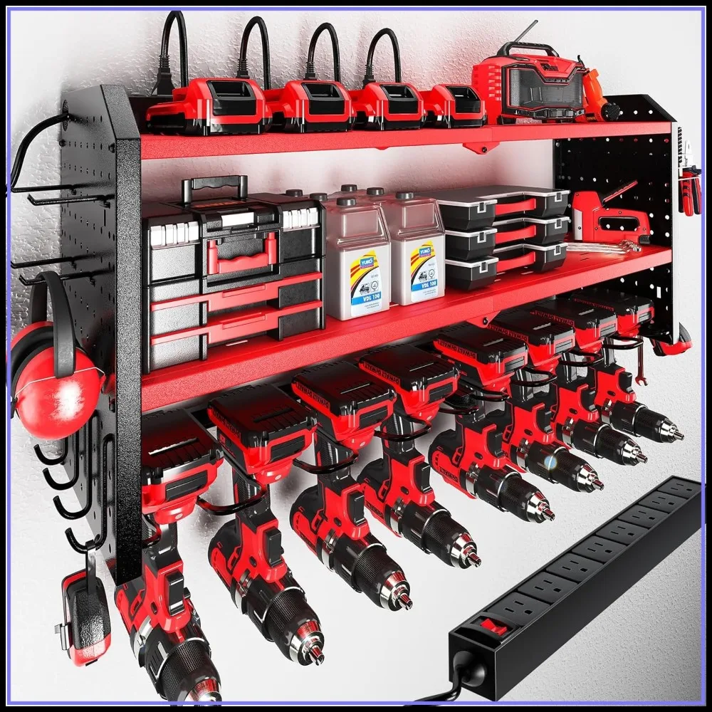 

Heavy Duty Metal Power Tool Organizer with Charging Station, Wall Mount Storage Rack for Garage Organization