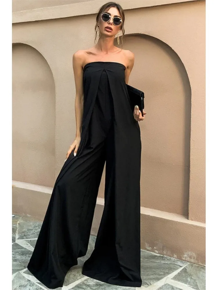 

Summer Fashion Loose Women's Temperament Solid Color Wrap Chest Strapless High Waist Wide Leg Jumpsuit Simple A-line Suit Style