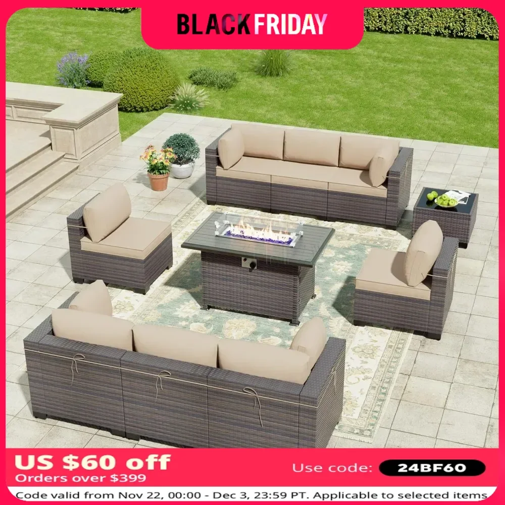 10 Pieces Outdoor Furniture Set with 55000BTU Gas Propane Fire Pit Table,PE Wicker Rattan Sectional Sofa Patio Conversation Sets