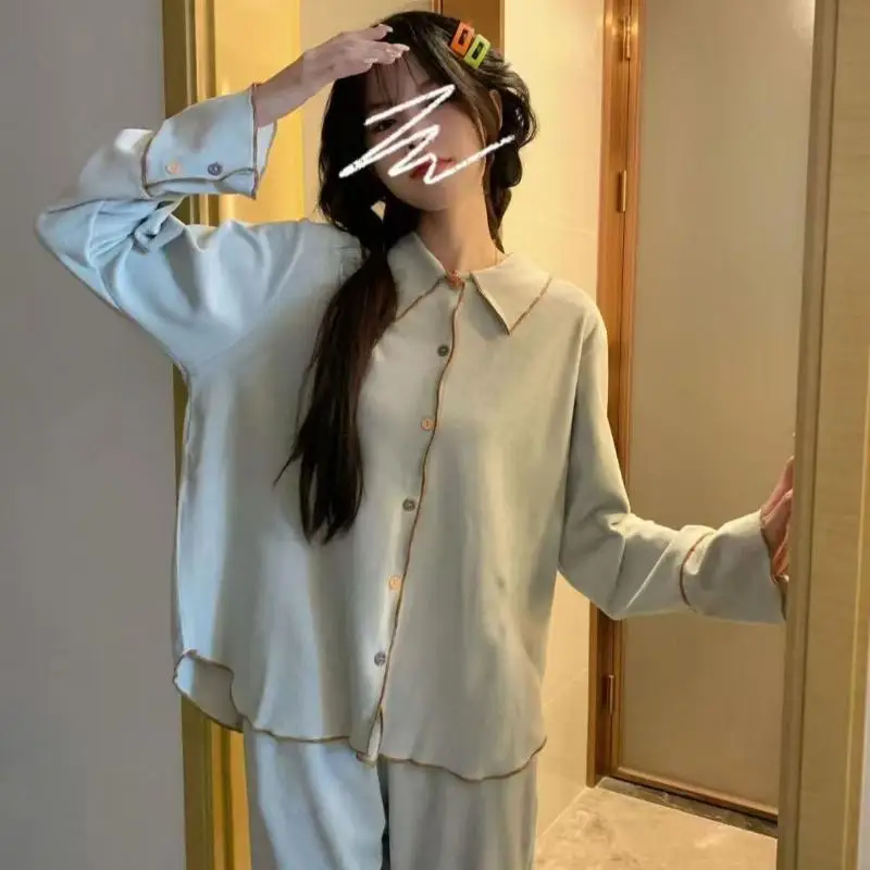 Korean Version Women's Simple Sleepwear Autumn Winter New Item Youth Long Sleeved Long Pants Set Student Comfortable Home Clothe