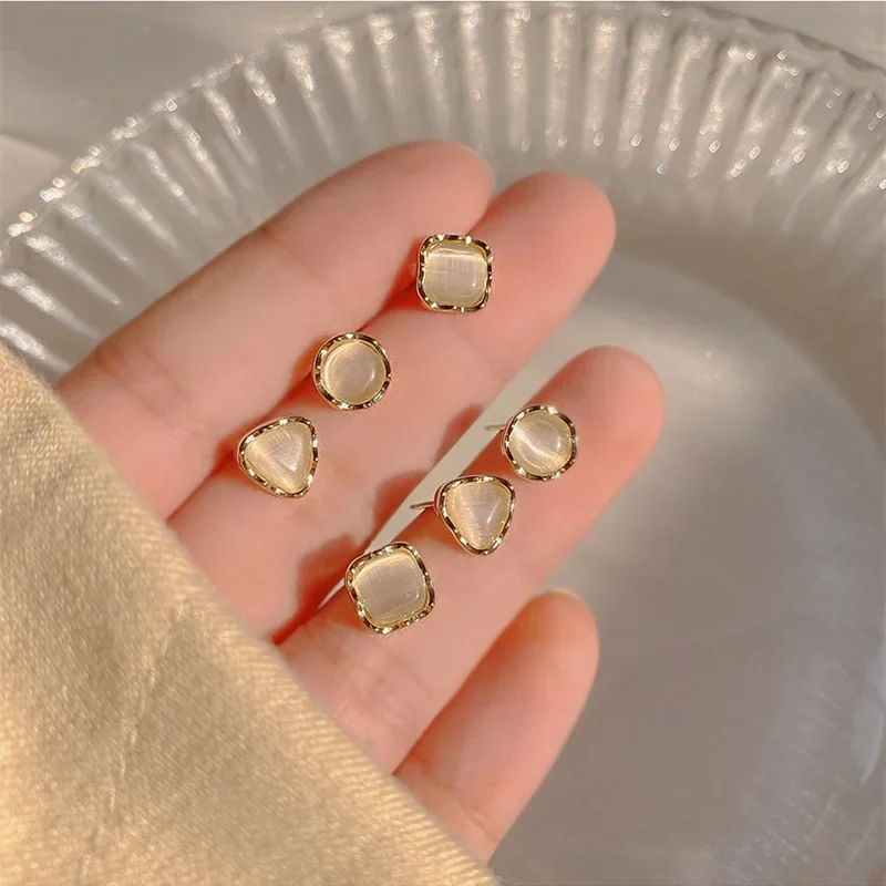 3 Pairs/Lot Opal Square Round Triangle Stud Earring Set for Women Korean Sweet Geometric Jewelry Christmas Girl Gift