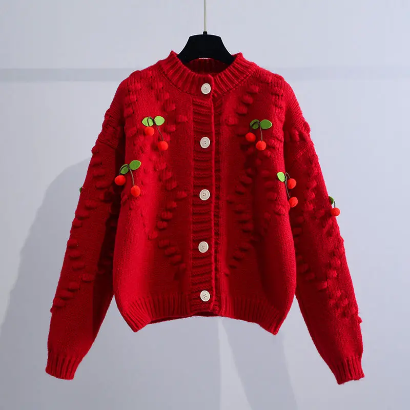 

Heavy Worry Sweater Cardigan Female Autumn And Winter Thick Thick Woolen Red Cherry Loose Wearing College Wind Sweater Jacket