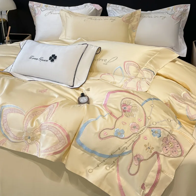 Luxury Long Staple Cotton Chic Embroidery Bedding Set Romantic Smooth Colorfast Bed Linens High Count Duvet Cover Set for Home