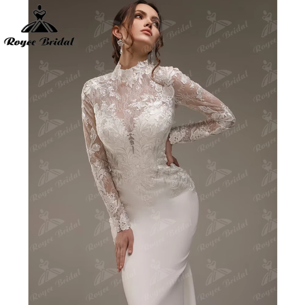 Satin Bridal Dress Bohemian Mermaid Wedding Dress Train Long Sleeves Lace Luxurious Wedding Gown Roycebridal