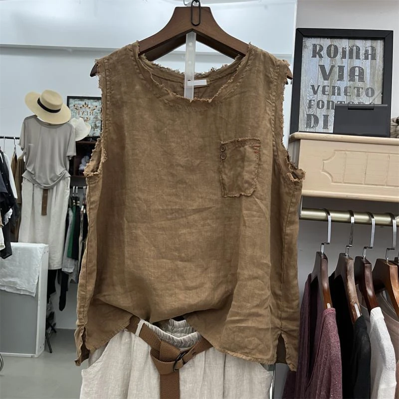 Summer New Pure Color Linen   round Neck Vest Unisex Loose Fashion Sleeveless Top Thin Cotton Linen Blend Outerwear