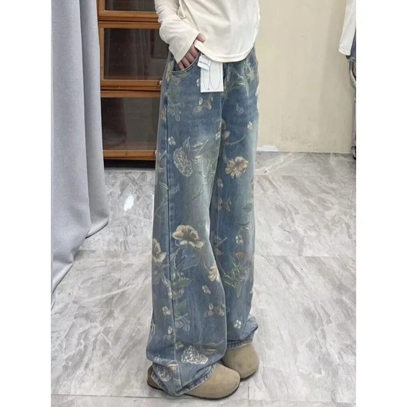 

Printing Jeans for Men Loose Fit Versatile Design Sensibility Bell Bottoms Casual Scene Autumn Trendy American Style Street