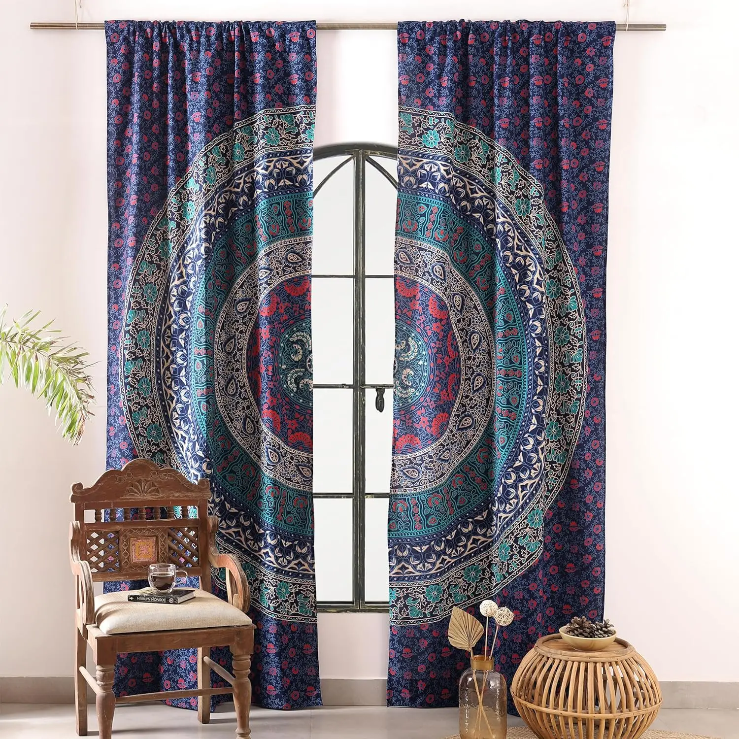 Popular Handicrafts Blue Hippie Mandala Art of Flower Curtains 100 Inch Length for Living Room Bedroom 2 Panels Set Semi Sheer