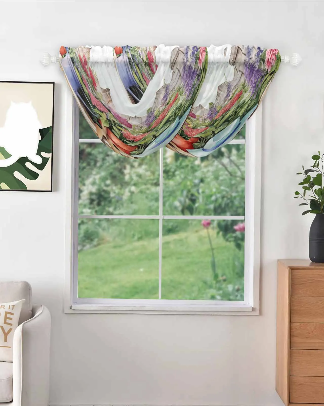 Watercolor Country Garden Plant Flower Sheer Tulle Small Curtain for Girls Room Window Curtain Kitchen Cabinet Voile Curtain