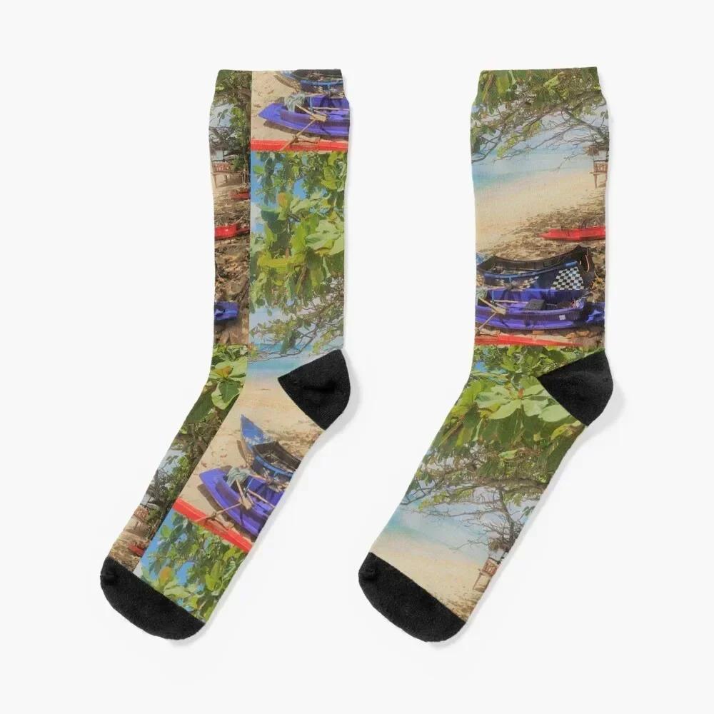 Canoes on a beach in paradise Socks aesthetic retro Luxury Woman Socks Men's