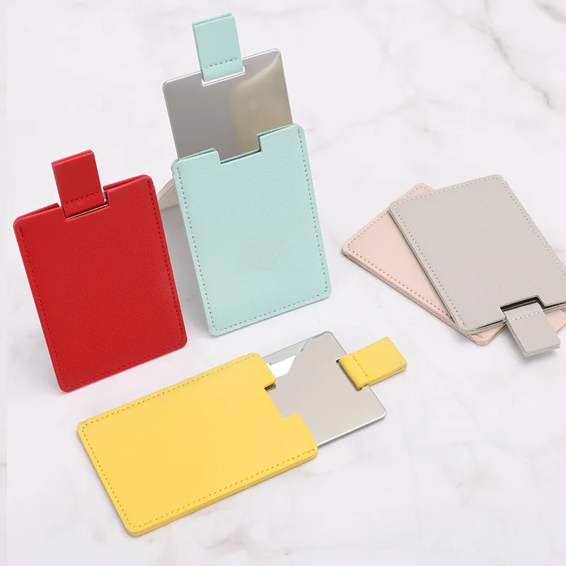 Leather Cover Rectangle Makeup Mirror Mini Portable Stainless Steel Cosmetic Mirror Compact Pocket Hand Standing Small Mirror