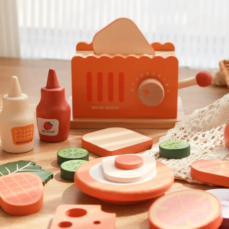 Children Toy Puzzle Wood Bread Maker Stacking Toys Set Miniature Food Baby Accessories Montessori Games Interactive Toys Gift