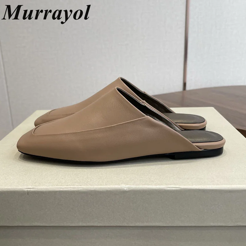 Lazy Mules Closed Toe Genuine Leather Women Flat Bottom Half Slipper Spring Summer Versatile Vacation Walking Shoes Slippers